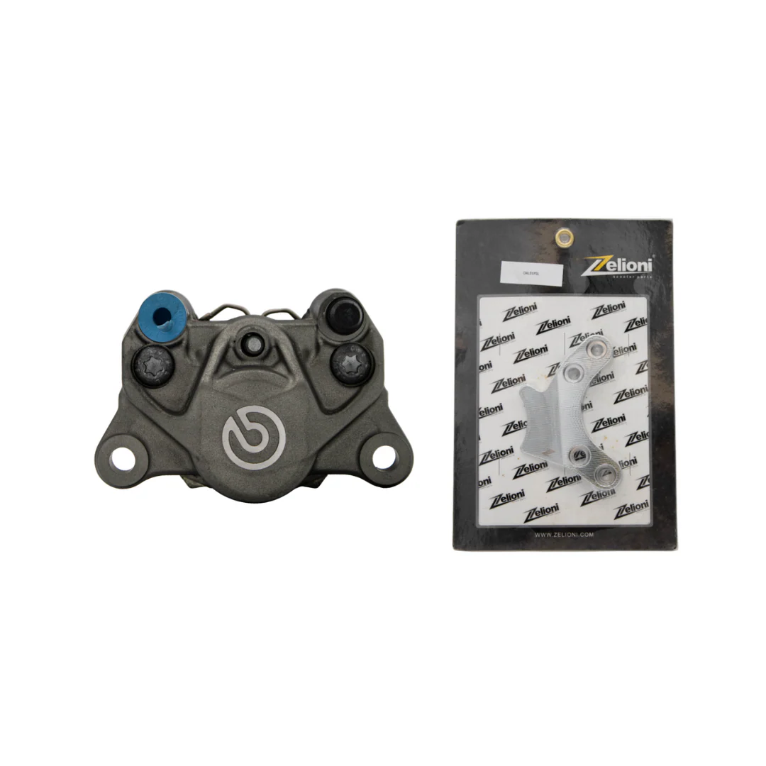 Brembo 2P Remklauw Grijs + Zelioni 2P Adapter Chrome - Piaggio Zip SP / Vespa LX / Sprint